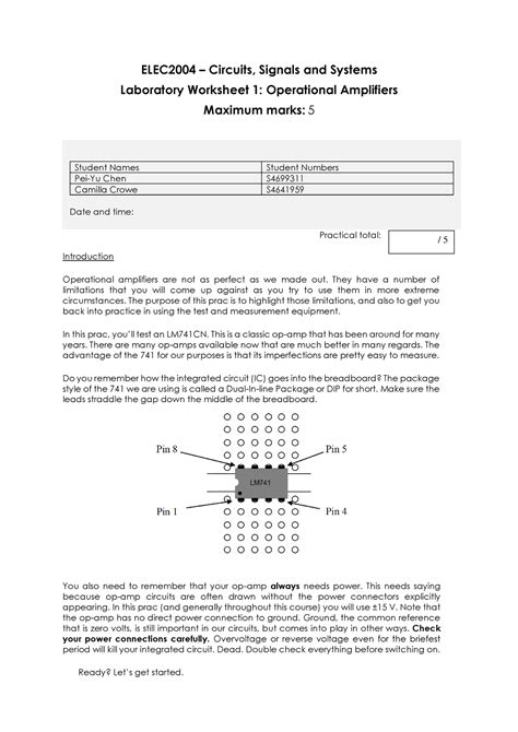 Lab Worksheet 1 Operational Amplifiers ELEC2004 Circuits Signals