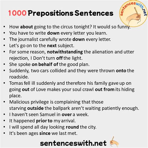 prepositions list   sentences sentenceswithnet