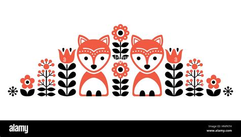 Scandinavian Cute Folk Pattern With Fox And Flowers Finnish Inspired