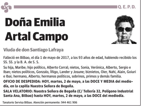 Emilia Artal Campo Esquela Necrol Gica El Correo