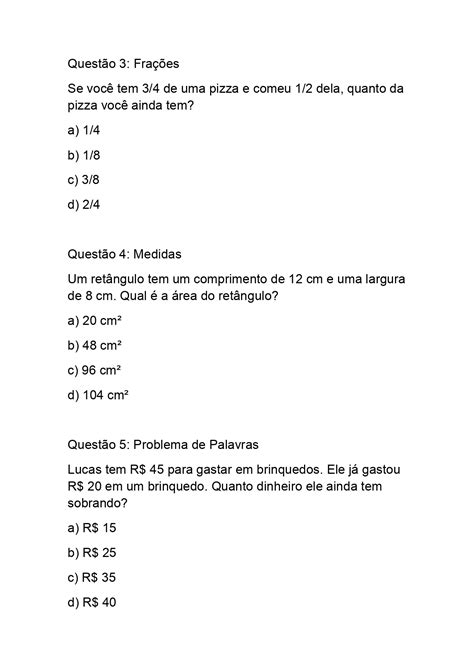 Questões De Múltipla Escolha De Matemática Para O 5º Ano Do Ensino