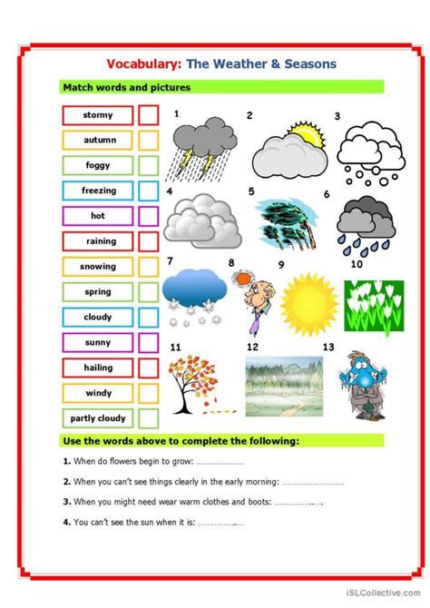 Vocabulary Weather Seasons English Esl Worksheets Pdf Doc