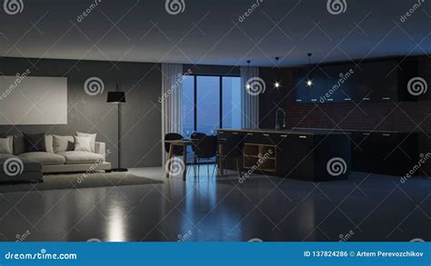 Modern House Interior Night Evening Lighting Stock Illustration