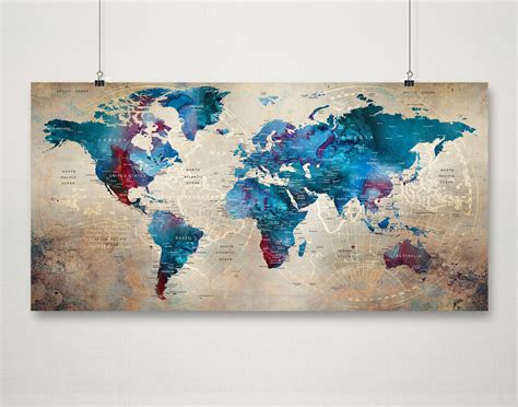 World Map Poster Art Push Pin Travel Map Executive Detailed - Etsy