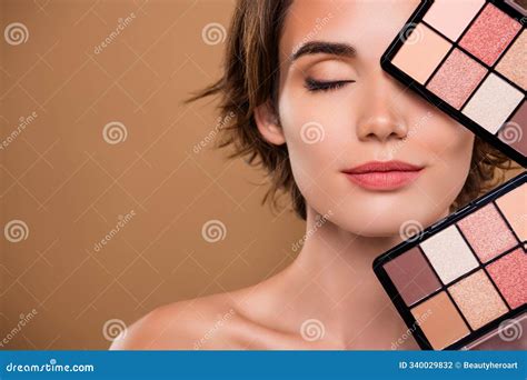 Cropped Photo Of Stunning Tender Lady Nude Shoulders Showing Palettes Emtpy Space Beige Color