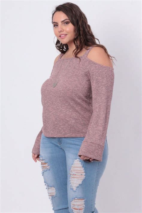 Plus Size Exposed Shoulder Rib Knit Top Blush Rib Knit Top Plus Size Plus Size Women