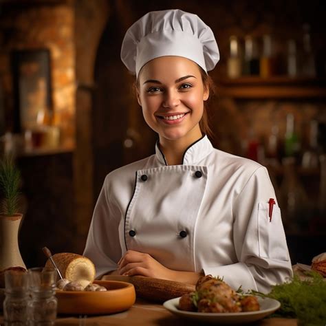 Premium Ai Image A Woman In A Chefs Uniform Sits At A Table With Food