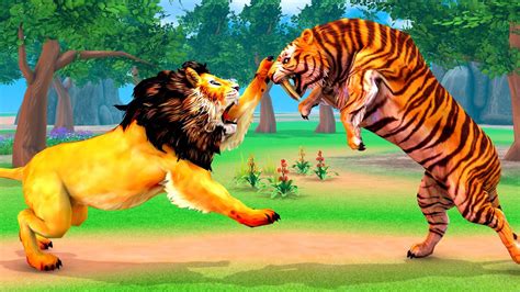 King Lion Vs Tiger Animal Fight 3d Cartoon Wild Animals Attack Farm