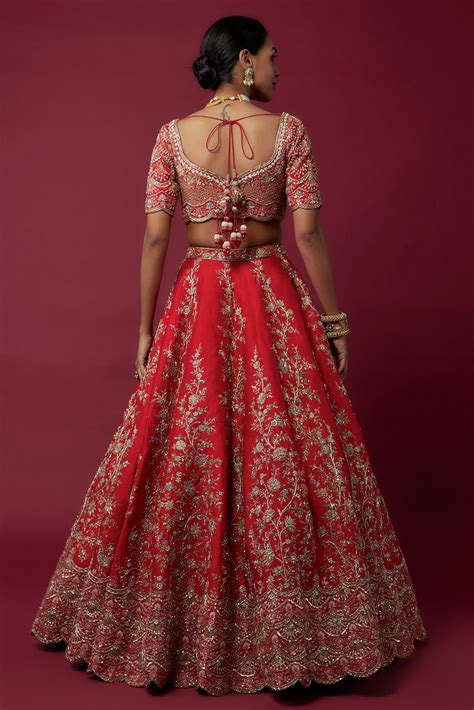 Red Raw Silk Hand And Machine Embroidered Bridal Lehenga Set By Kalighata At Pernia S Pop Up Shop 2024