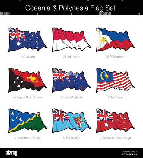 Oceania y Polinesia Waving Bandera establecida. El conjunto incluye las banderas de Australia ...