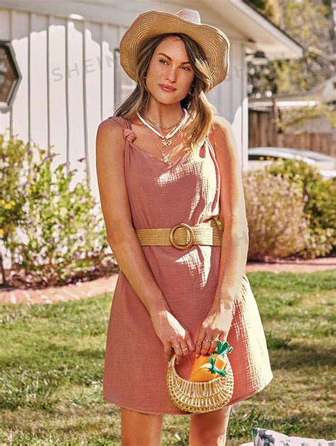 Shein Lune Vestido Casual Y Relajante De Color Rosa Coral Con L Nea A Y