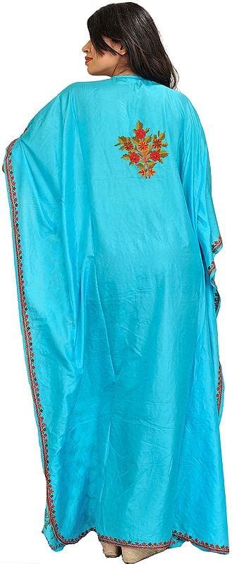 Capri Blue Kaftan From Kashmir With Aari Hand Emroidered Flowers All