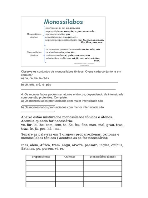 Exercícios De Acentuação Dos Monossílabos Tônicos 3 Ano - Observe Os Conjuntos de Monossílabos Tônicos | PDF | Artes Linguísticas ...