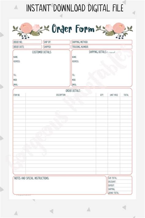 Printable Order Form With Flowers And Leaves On The Front In Pinks And