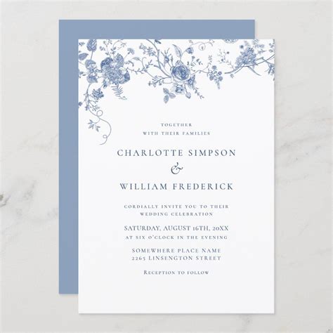 Elegant Vintage Blue French Garden Floral Wedding Invitation Blue