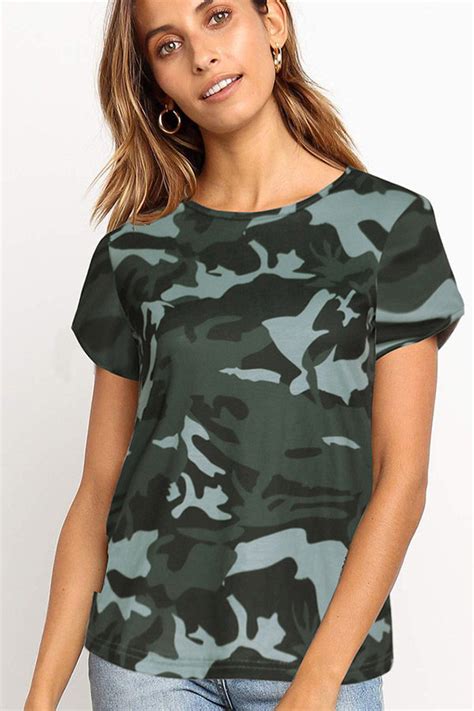 Womens Camo T Shirt With Round Neck And Short Sleeve Womens Camo Shirts Women