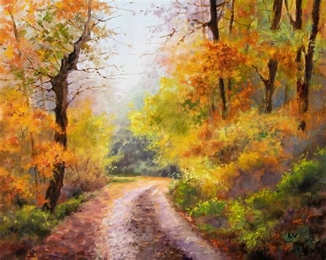 Autumn road in the forest Oil painting by Lucia Verdejo | Artfinder