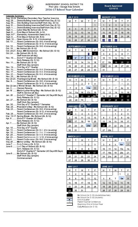 2016 - 2017 School Calendar | Prior Lake-Savage Area Schools – Prior ...