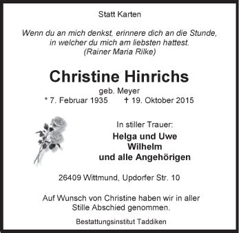 Traueranzeigen Von Christine Hinrichs Nordwest Trauer De