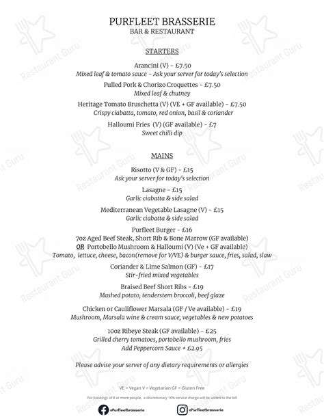 Menu At Purfleet Brasserie Restaurant King S Lynn