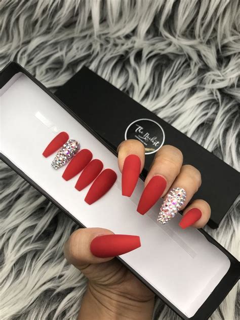 Handmade Solid Classic Matte Red W Bling Crystal Accent Press On Nail