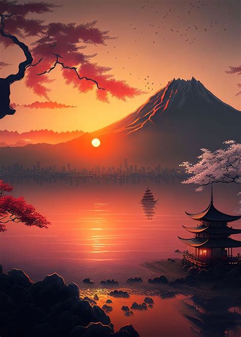 Beautiful Japan Sunset Poster Picture Metal Print Paint By Anime