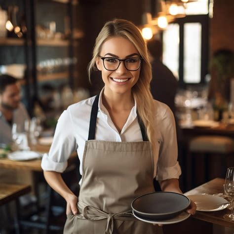 Premium Ai Image A Woman In An Apron Stands In A Restaurant With A