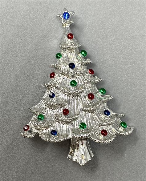 VTG Gerrys Christmas Tree Brooch Enamel Ornaments Silver Tone Blue