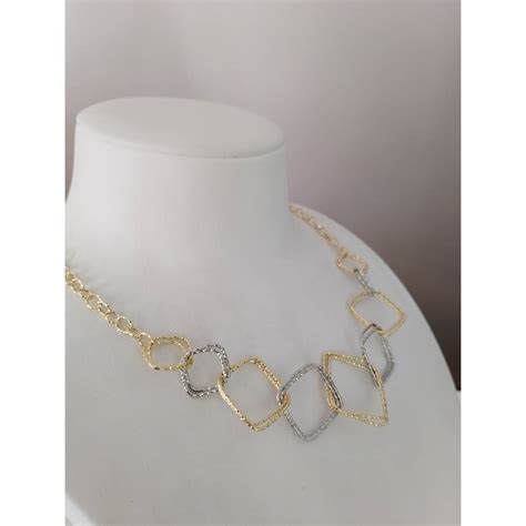 Collana Donna Oro Giallo Bianco Girocollo Catena Con Rombi Diamantati