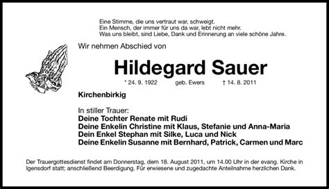 Traueranzeigen Von Hildegard Sauer Trauer Nn De