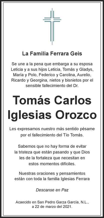 Dr Tomás Carlos Iglesias Orozco Obituario Esquela