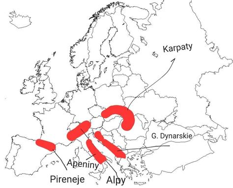 Na mapie fizycznej Europy wskaż położenie pięciu łańcuchów górskich