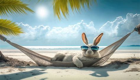 Easter Bunny In Sunglasses Lying In A Hammock Between Palm Trees On A