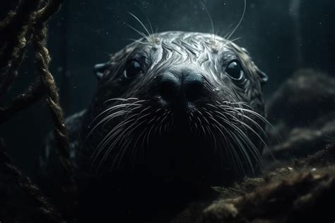 Premium AI Image | A seal with long whiskers looks at the camera.