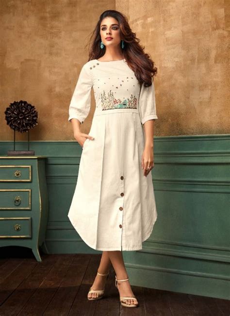 Designer Embroidered Off White Cotton Kurti Long Kurti Designs Kurti Designs Party Wear