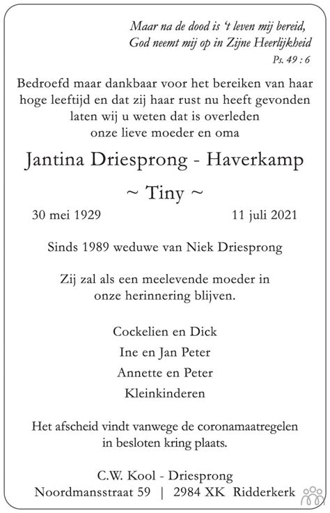 Jantina Tiny Driesprong Haverkamp Overlijdensbericht En