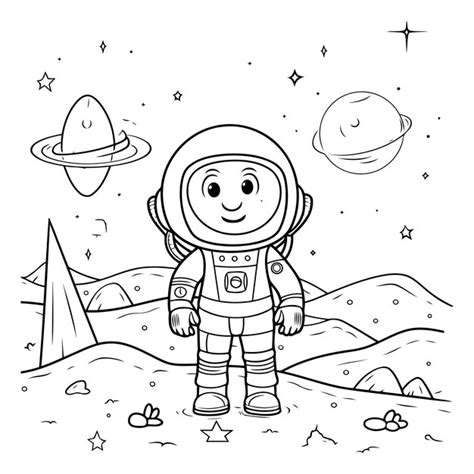 Livro de colorir para crianças astronauta no espaço Vetor Premium