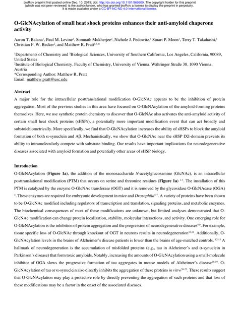 Pdf O Glcnacylation Of Small Heat Shock Proteins Enhances Their Anti