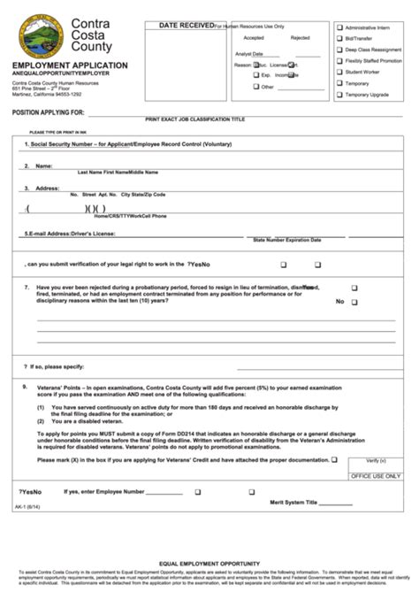 Fillable Employment Application Contra Costa County Printable Pdf