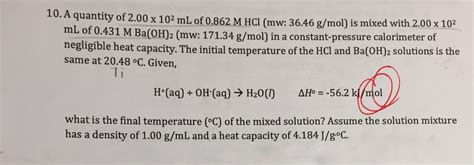 Solved 10 A Quantity Of 2 00 X 102 ML Of 0 862 M HCl Mw Chegg