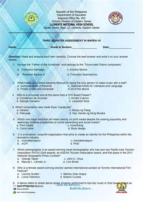 Q Mapeh Assessment Sbm Format Republic Of The Philippines Department