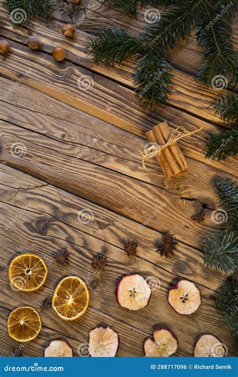 Traditional Czech Christmas On Wood Decoration With Twig Apple Orange