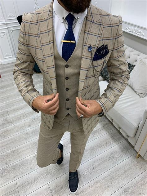 Cream Slim Fit Peak Lapel Plaid Suit By Gentwith Worldwide Shipping