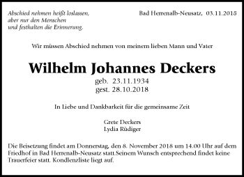 Traueranzeigen Von Wilhelm Johannes Deckers Schwarzw Lder Bote Trauer