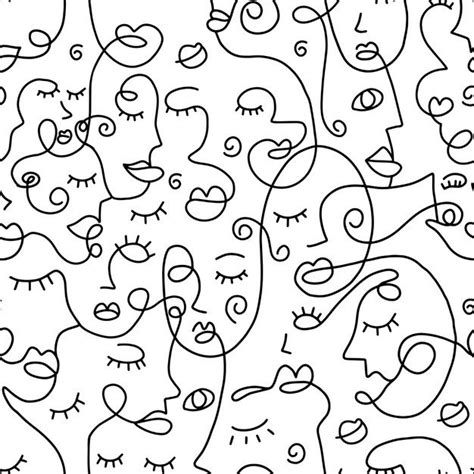 Premium Vector One Line Drawing Abstract Face Seamless Pattern Face