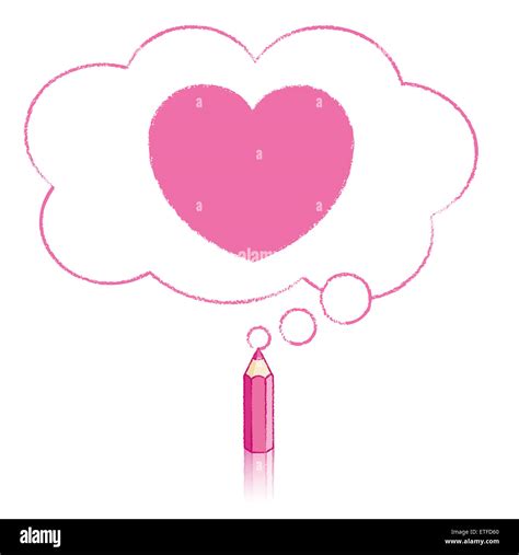 Pink Pencil With Reflection Drawing Heart Icon In Fluffy Cloud Shaped