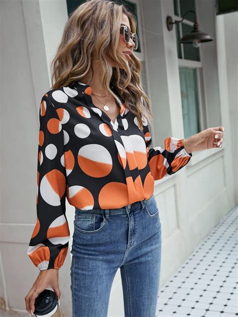 Shein Clasi Polka Dot Notched Neck Blouse Shein Usa