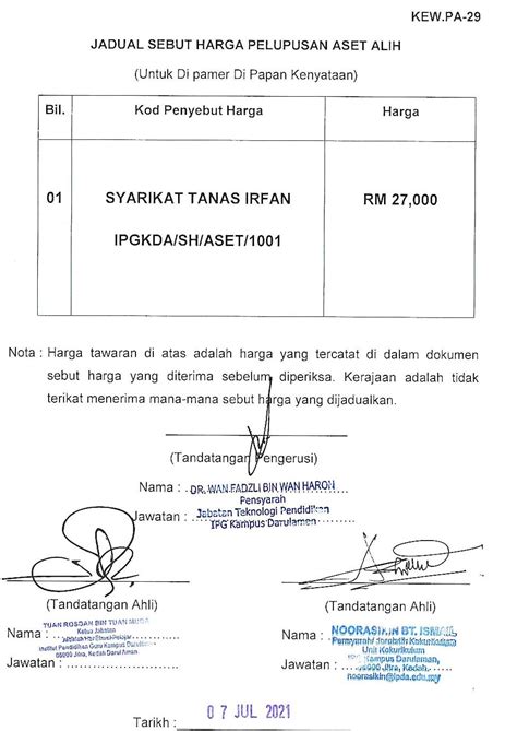 Keputusan Tawaran Sebut Harga Pelupusan Kenderaan Institut Pendidikan Guru Kampus Darulaman