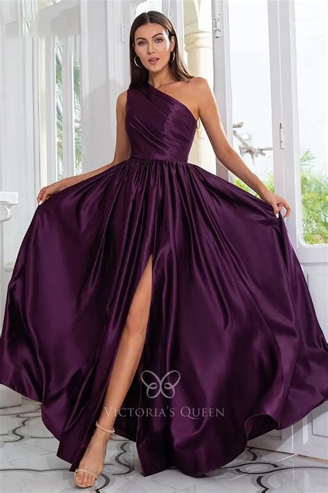 Chic One Shoulder Eggplant Satin A Line Slit Bridesmaid Gown Vq