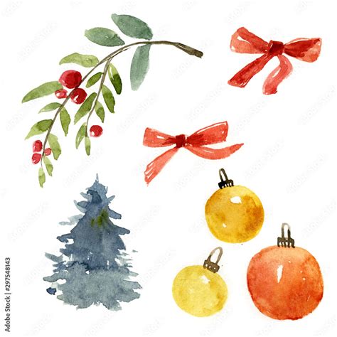 Watercolor Illustration Of Hristmas Tree Branch Christmas Bauble And